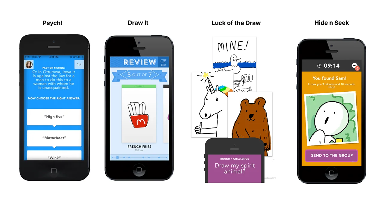 The four pitched concepts on phones: Psych!, Draw It, Luck of the Draw, and Hide n Seek.